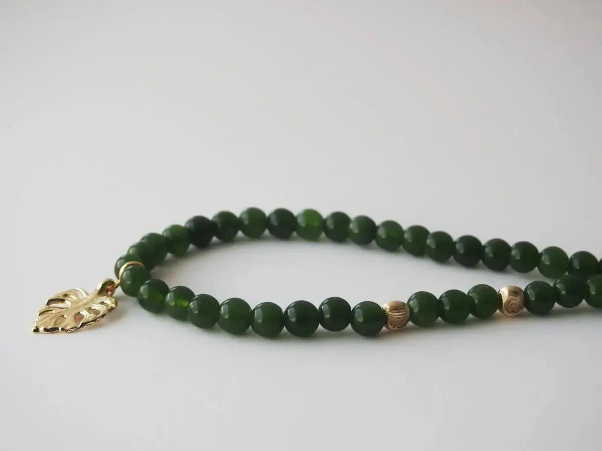 Jade Tropic – Green Jade Jewelry with Gold Monstera Leaf Pendant
